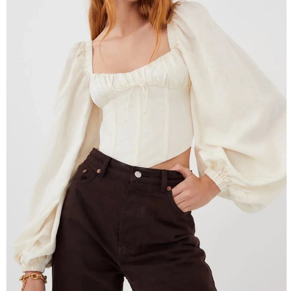 NEW For Love & Lemons Janet Top Womens S Ivory Floral Corset Crop Top Blouse